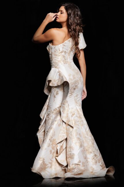 model wearing 38935 back view gold evening gown with ruffle details