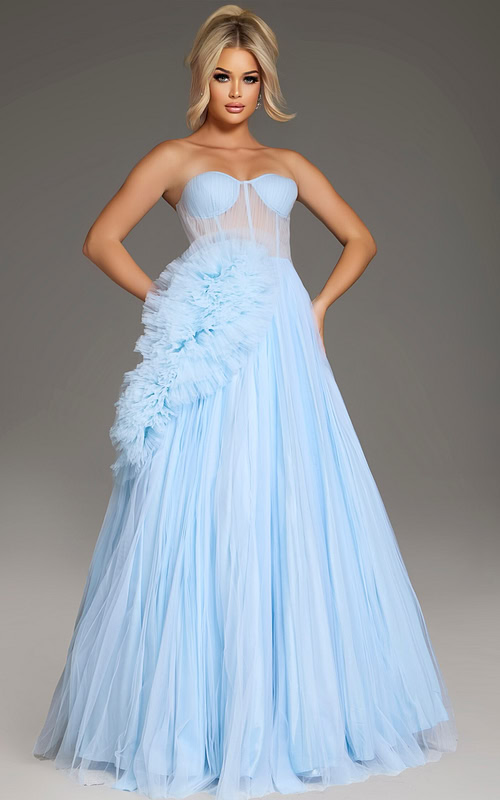 Model wearing Jovani 38946 black gown, front view with sweetheart neckline and full-length silhouette.