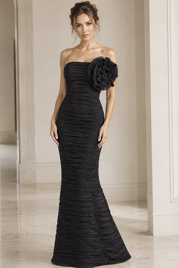 black fuchsia off the shoulder crinkle long gown - front full body, black strapless ruched large flower