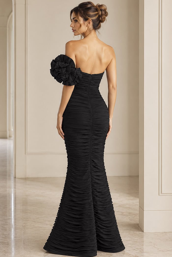 black fuchsia off the shoulder crinkle long gown - back view, strapless, ruched, single floral shoulder, mermaid