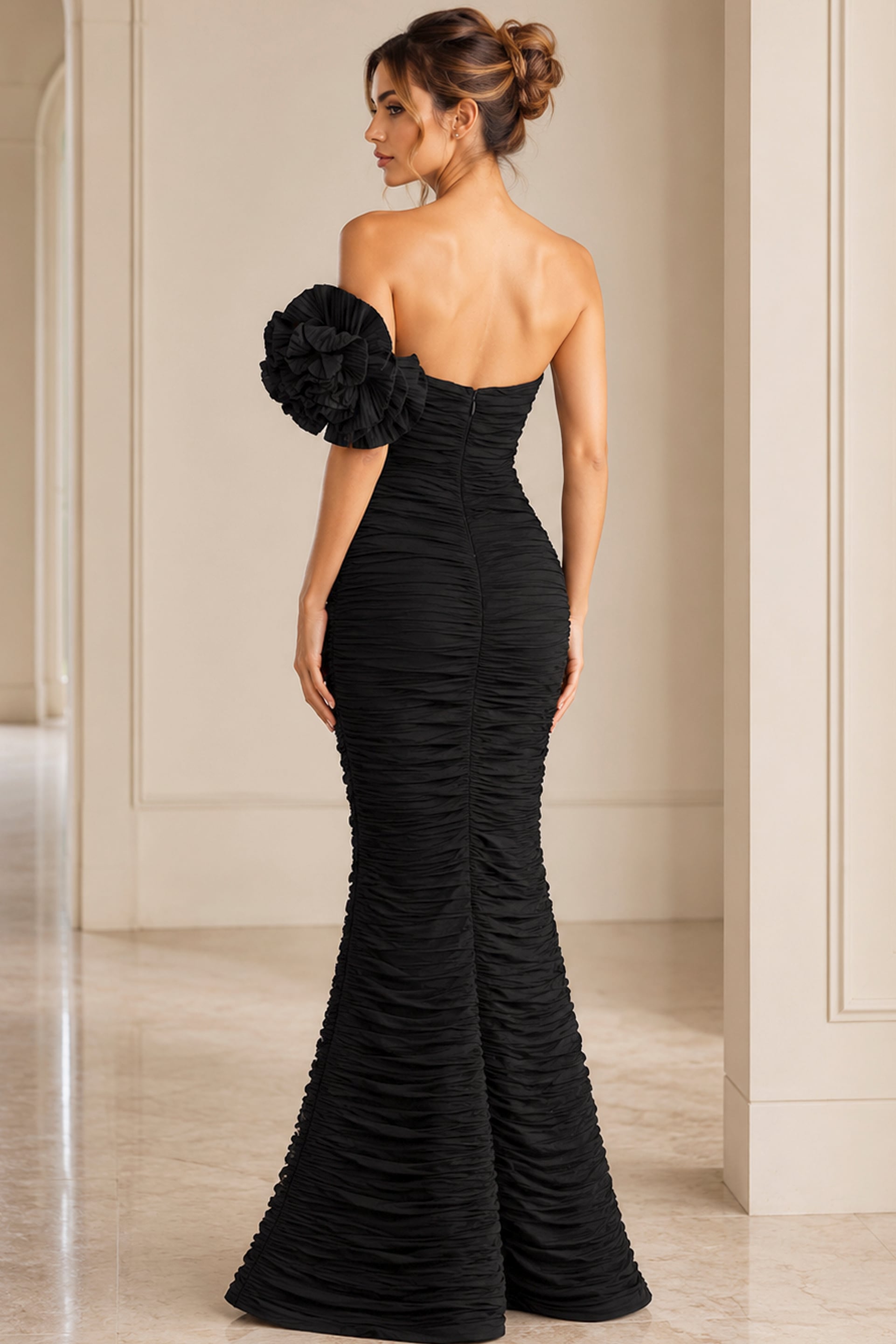 black fuchsia off the shoulder crinkle long gown - back view, strapless, ruched, single floral shoulder, mermaid