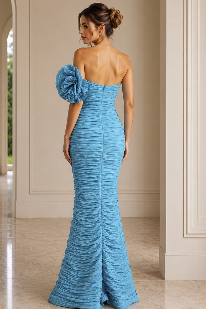 turquoise fuchsia off the shoulder crinkle long gown - back view, blue ruched strapless ruffled flower