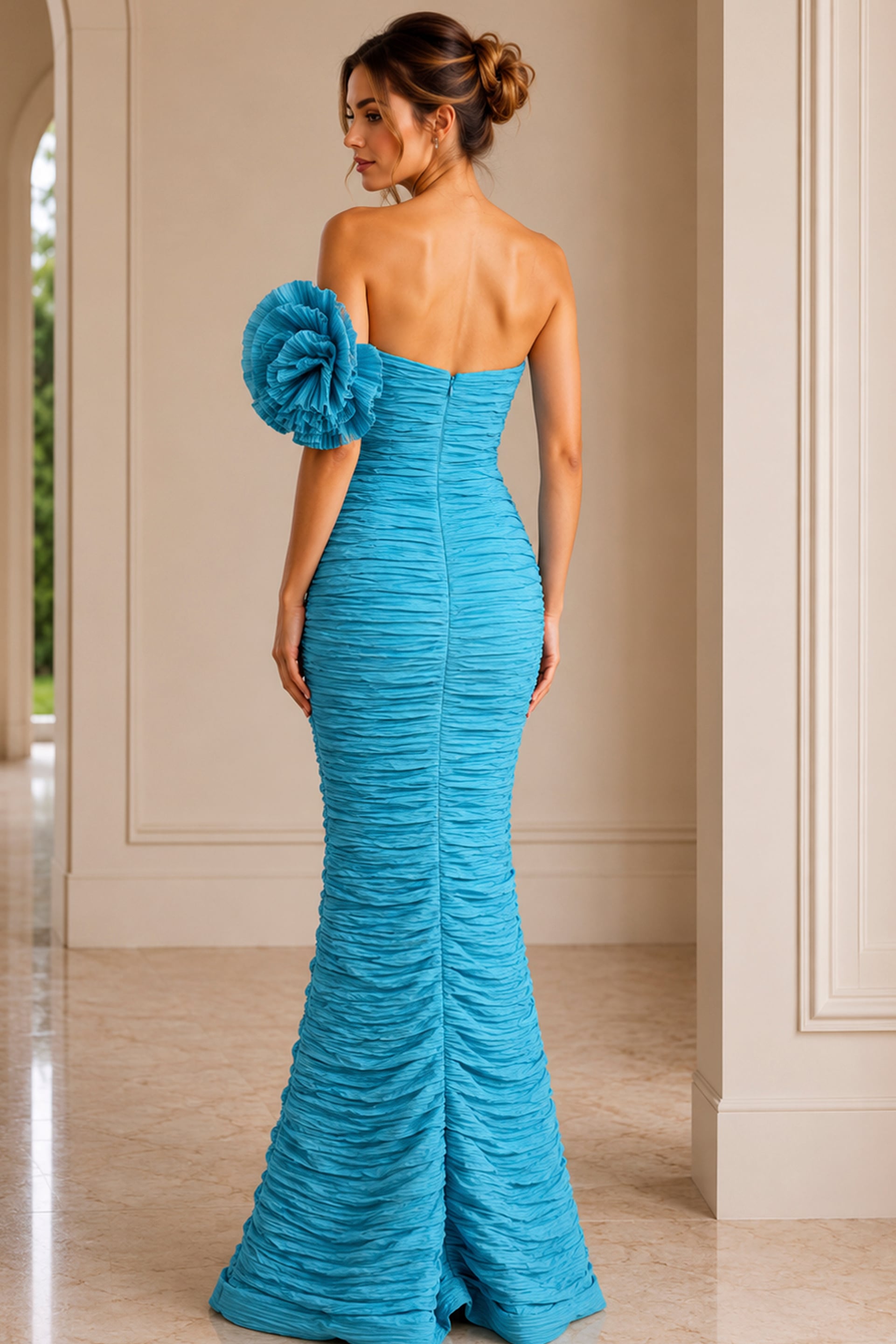 turquoise fuchsia off the shoulder crinkle long gown - back view, blue ruched strapless ruffled flower