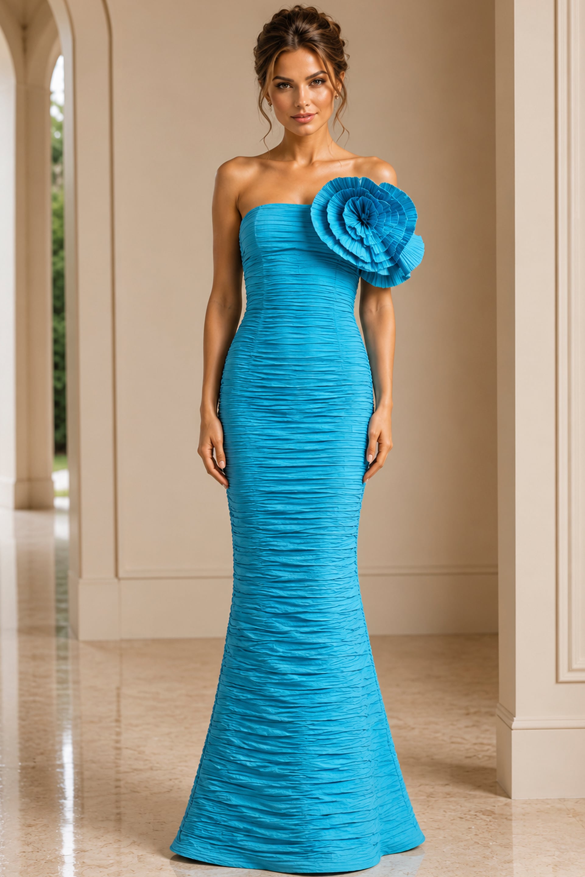 turquoise fuchsia off the shoulder crinkle long gown - front full body, blue strapless ruched shoulder flower