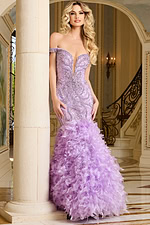 Front perspective of 38498 lilac gown, emphasizing ruffled skirt and beadwork.
