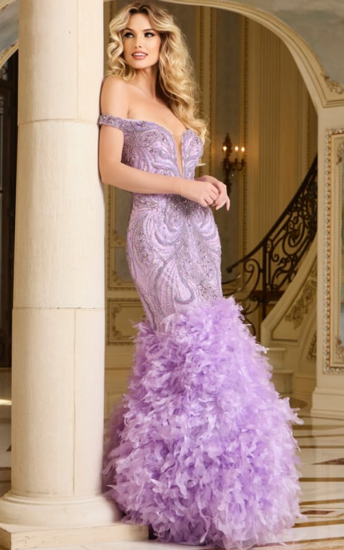 Model showcasing the 38498 lilac dress, front view featuring beadwork and ruffled skirt.
