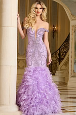 Model wearing the 38498 lilac gown with mermaid silhouette, off-the-shoulder neckline, and ruffled skirt.