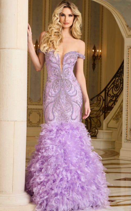 Model wearing the 38498 lilac gown with mermaid silhouette, off-the-shoulder neckline, and ruffled skirt.