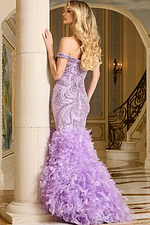 Back view of 38498 lilac dress with intricate beadwork and elegant mermaid silhouette.