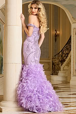 Model wearing 38498 lilac dress, back view highlighting off-the-shoulder design.