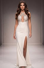 halter neck high slit white dress 38951