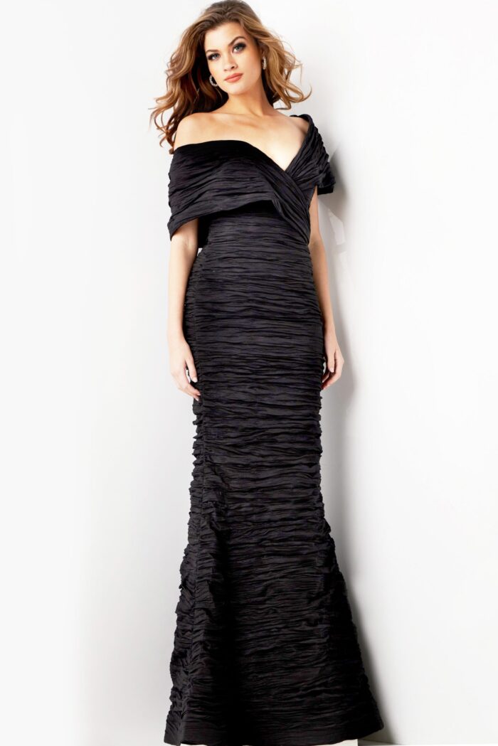Jovani 38954 black gown worn by model, full-length front view.