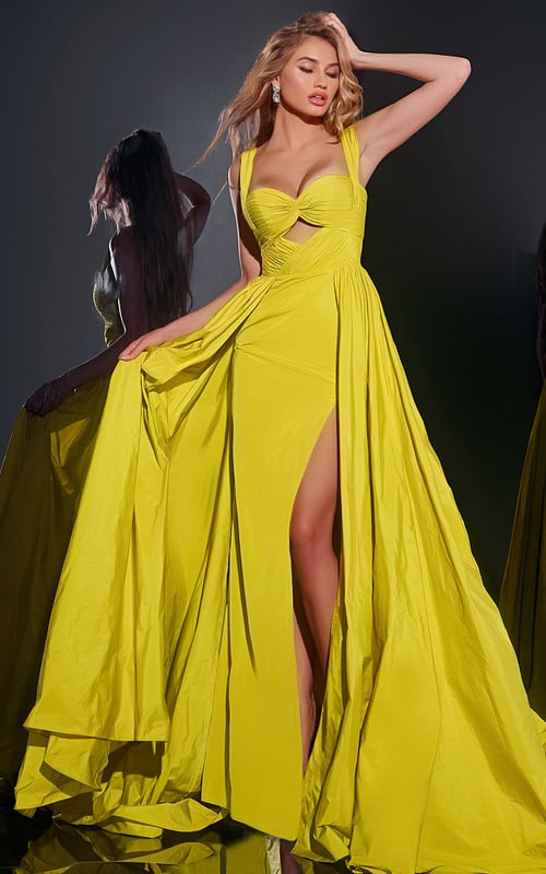 Model wearing Jovani 38957 green dress with sweetheart neckline and high slit, front view.