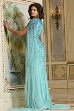 Back view of Jovani 38964 blue gown with beaded cap sleeves