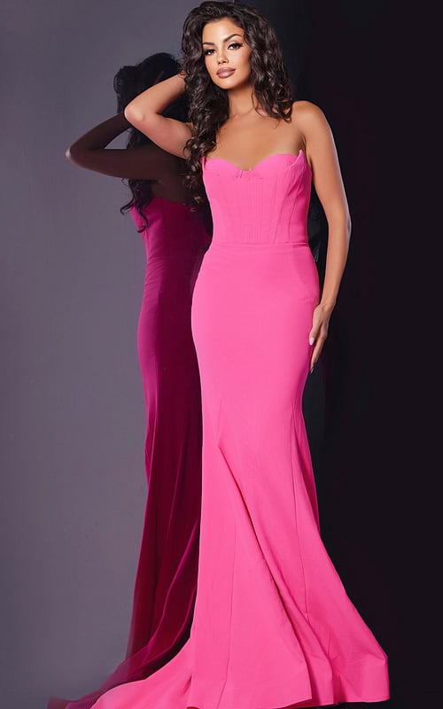 Model wearing Jovani 38974 pink mermaid gown with sweetheart neckline from the front