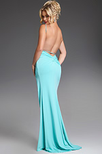 Back view of Jovani 38989 blue gown with open back design.