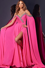 Model wearing Jovani 38996 pink gown with off-the-shoulder neckline and cape sleeves