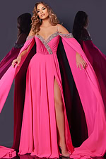 Model in Jovani 38996 pink dress with sparkling embellished neckline and high slit