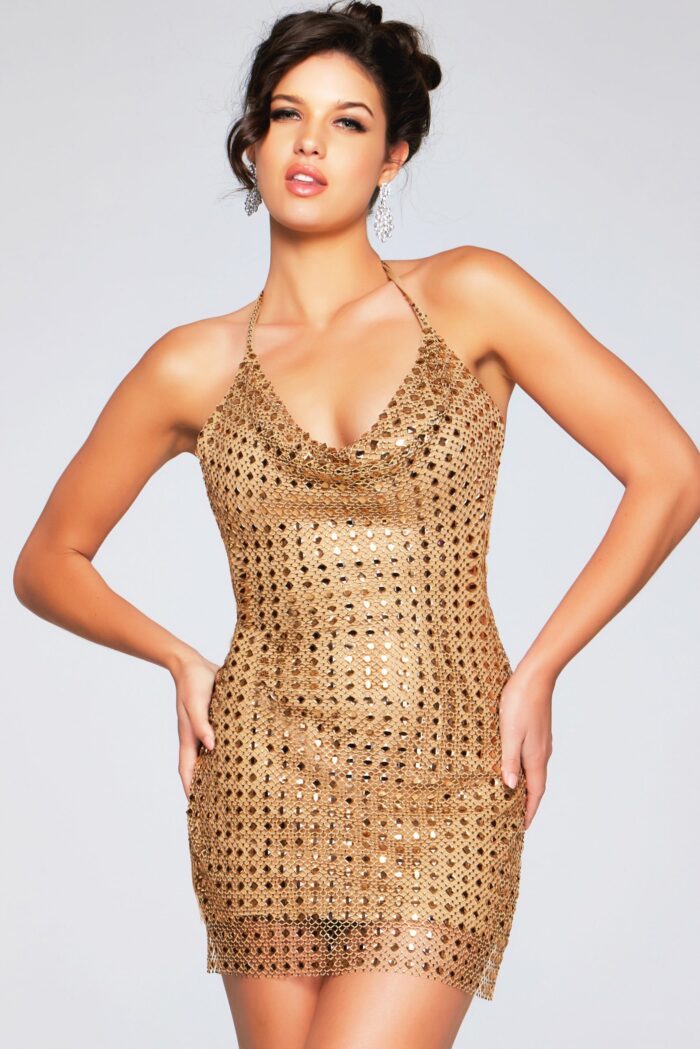 Model wearing Jovani 39004 gold dress showcasing detailed front