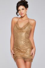 Model wearing Jovani 39004 gold dress with cowl neckline, front view