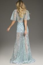 Back view of model wearing Jovani 39008 blue gown with glittering accents.