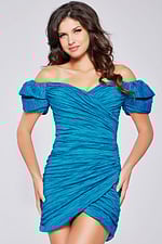 Model wearing Jovani 39014 blue off-the-shoulder dress, front view.