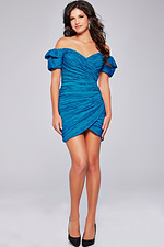 Model wearing Jovani 39014 blue off-the-shoulder dress, back view.