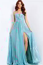 high slit blue pleated dress 39023