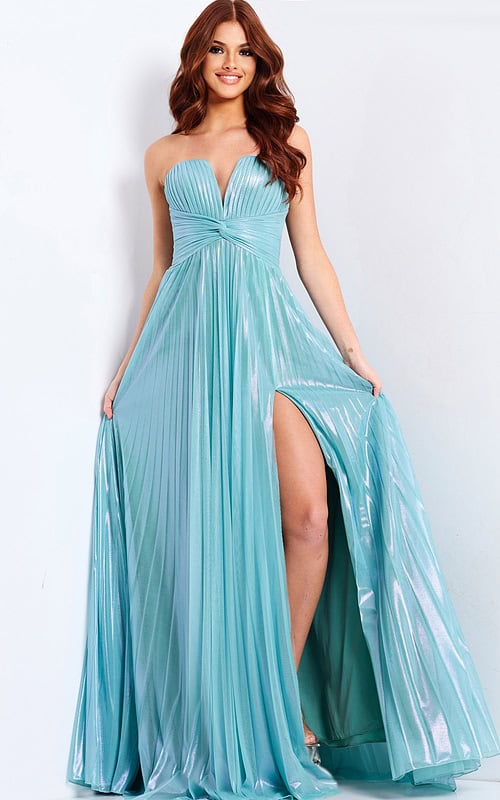 high slit blue pleated dress 39023