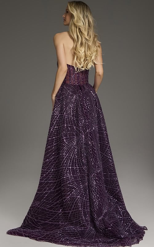 Model showing the back of Jovani 39029 purple gown with sequins, back view.