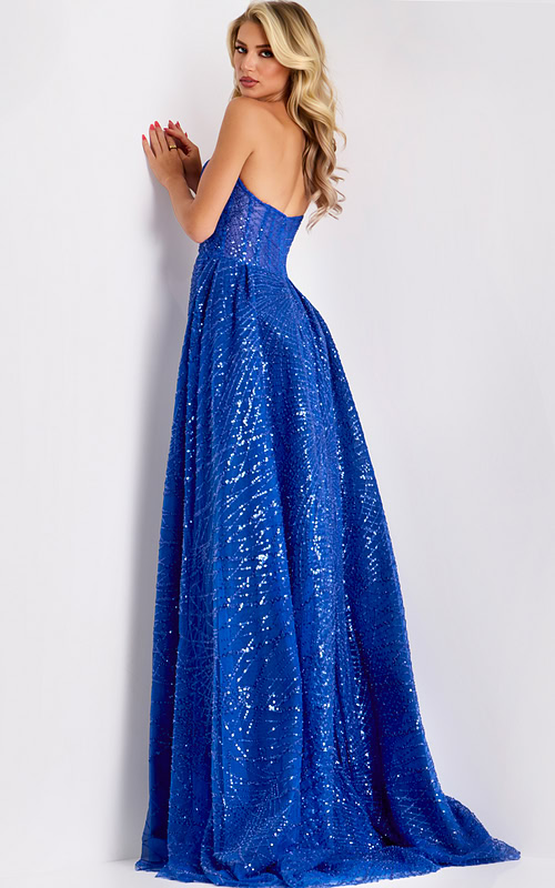 Sparkling royal gown with high slit and open back design