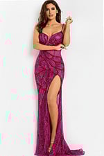 sheer beaded fuchsia dress with high slit 39039