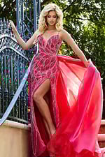 Front view of Jovani 39042, showcasing red gown's high slit and detailed beadwork.