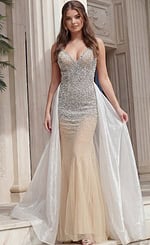 Beaded fitted evening gown with flowing sheer cape