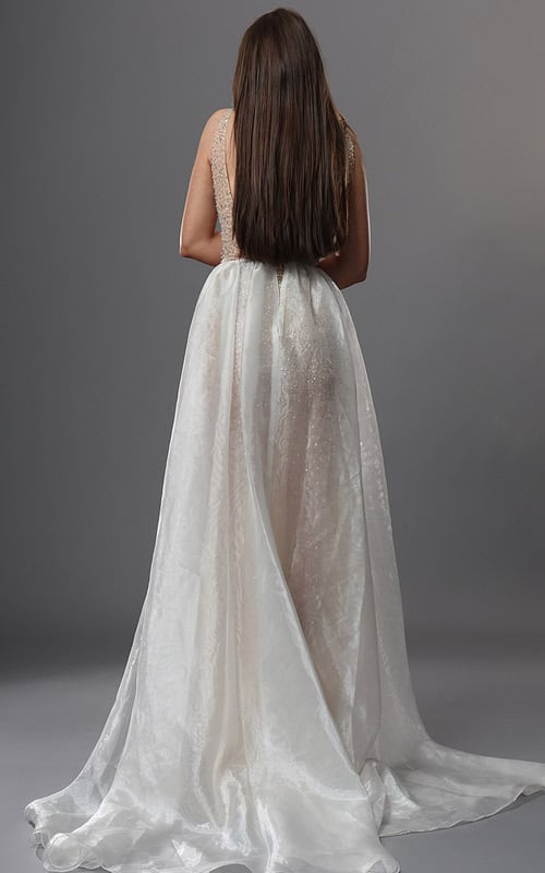 crystal embellished fitted evening gown with cape
