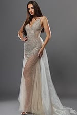 crystal embellished fitted evening gown with cape