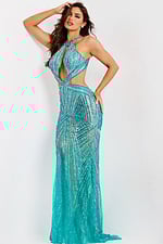 Open back halter gown with sequins