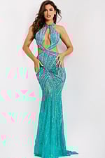 Sleeveless fitted gown with shimmering beadwork