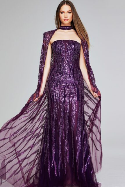 Model wearing Jovani 39046 purple gown with sequins and cape sleeves, front view.