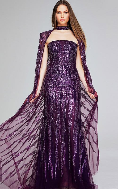 Model wearing Jovani 39046 purple gown with sequins and cape sleeves, front view.