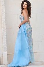 Back view of Jovani 39055 blue gown with layered skirt details.