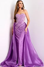 Back view of purple evening dress with flowing detachable train