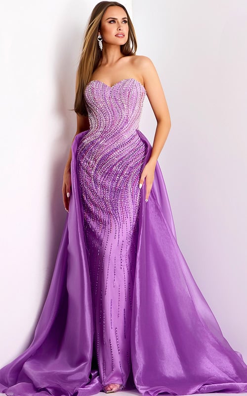 Back view of purple evening dress with flowing detachable train
