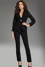 Full front view of model in Jovani 39074, showcasing tailored fit.