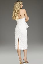 Model wearing Jovani 39076 off-white dress with back slit, back view