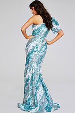 model wearing Jovani 39077 green sequin one-shoulder gown back view