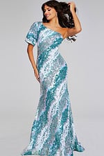model wearing Jovani 39077 green sequin one-shoulder gown front view