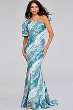 model wearing Jovani 39077 green sequin one-shoulder gown front angle view