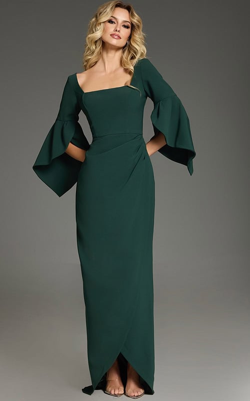 Model wearing Jovani 39082 elegant green dress with bell sleeves, front view