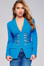 Model wearing Jovani 39108 blazer with blue and mesh detailing, front view.